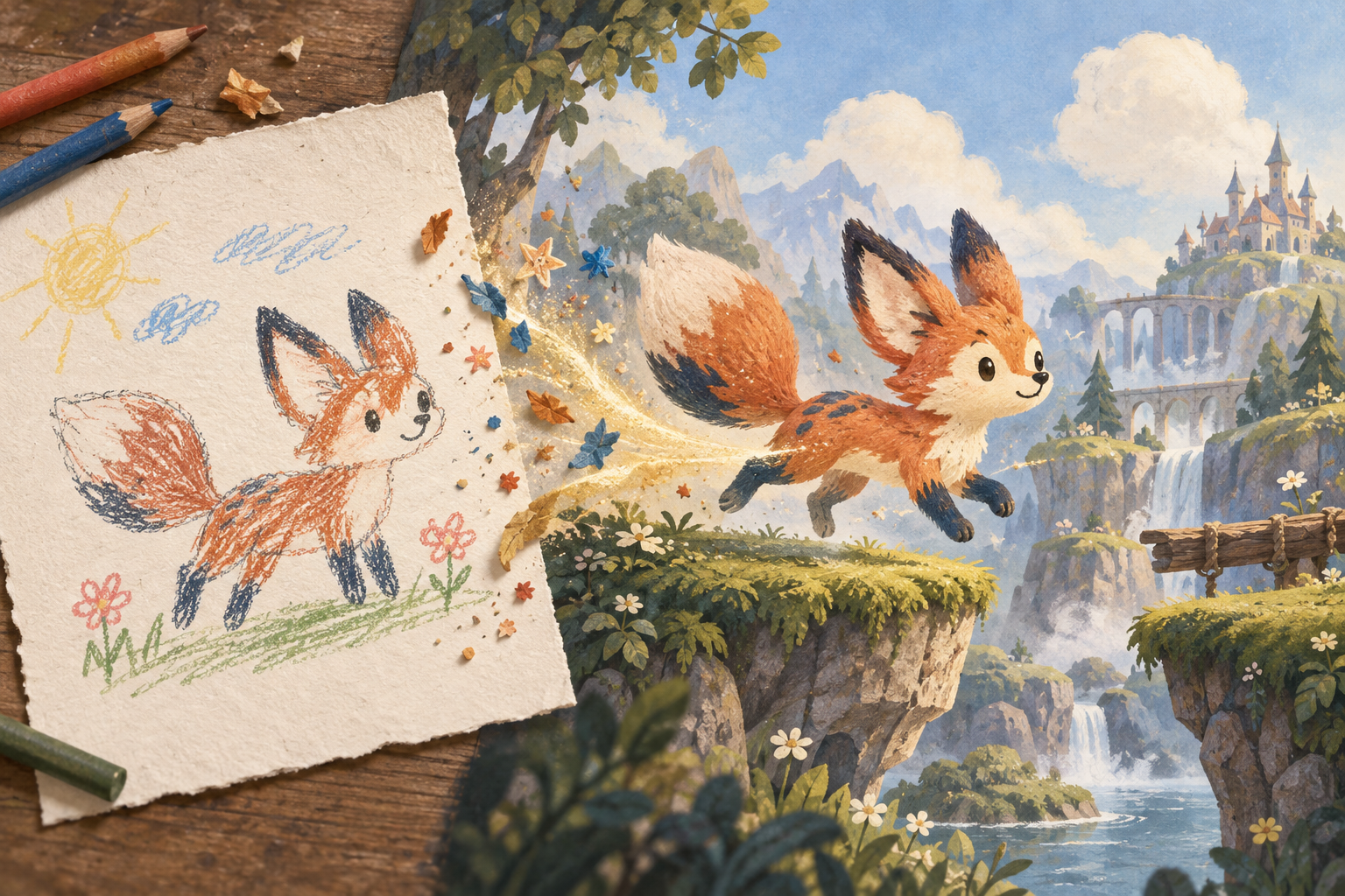 A child's drawing transforming into a polished storybook game character